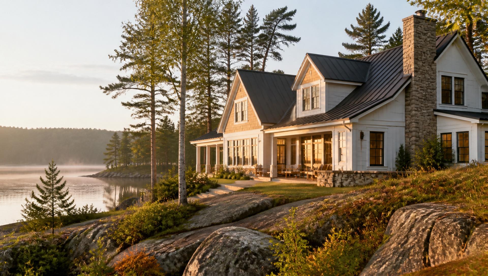 Warm, understated New England coastal custom home at golden hour with cedar shake, painted clapboard, standing seam metal roof, granite chimney, birches and pines overlooking a lake. Illustrative.
